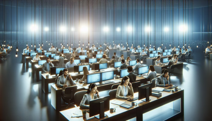 A 24/7 inbound call center with agents assisting customers on technical issues, showcasing dedication to satisfaction.