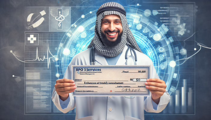 A smiling healthcare provider with a large check, surrounded by medical coding symbols and BPO service elements, symbolising timely reimbursement and enhanced financial stability and patient care.