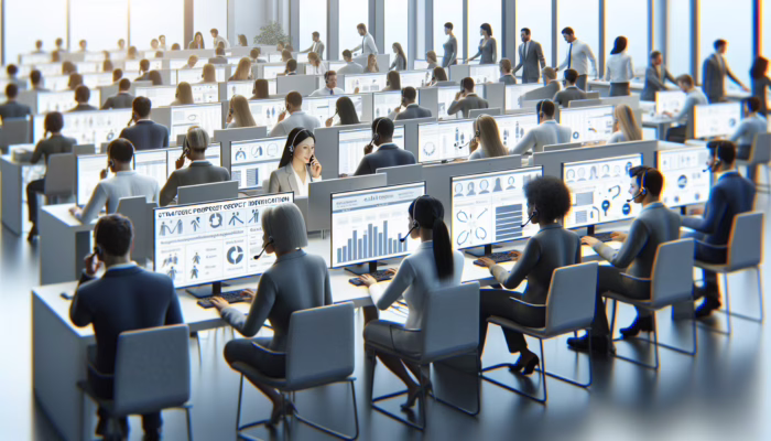 Agents in a modern outbound call center setting appointments, using computers and phones, focusing on strategic prospecting and personalized messaging.