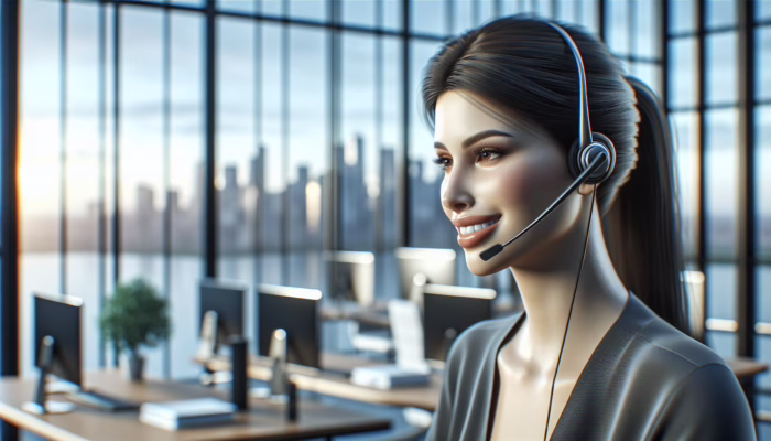 A call center agent smiling, engaging in a personalized conversation via headset in a modern office with city skyline.