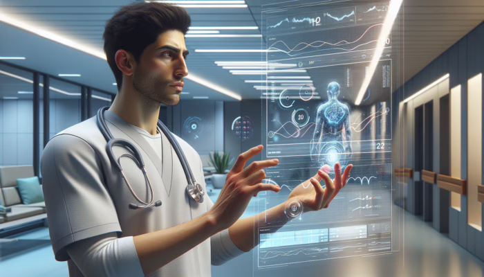 A healthcare professional analyzing performance metrics on a digital dashboard in a modern hospital setting.