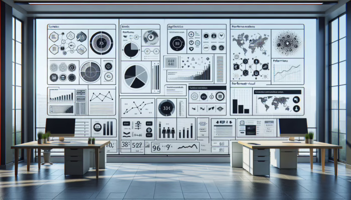 A modern dashboard with colorful graphs and charts showing performance metrics in an office setting.