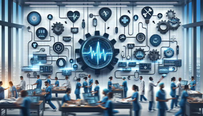 A modern healthcare analytics dashboard showing real-time data and graphs in a busy hospital setting.