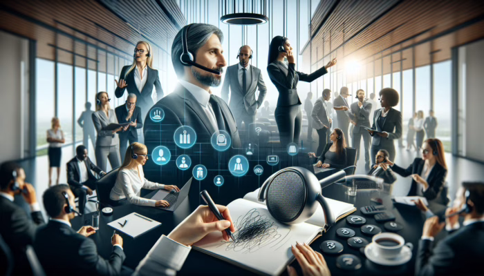 Modern office with employees using VoIP phones for enhanced communication features like call forwarding and conference calling.