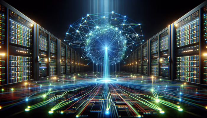 A futuristic network hub with glowing blue and green lines, symbolizing VoIP's reliable communication pathways.