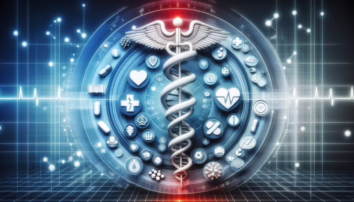 Diverse healthcare data symbols unifying into a standardized system for global interoperability.