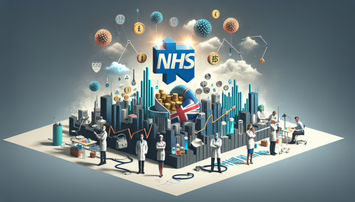 Illustration of UK healthcare with NHS, private sector, clinician entrepreneurs, financial strain, and innovation.