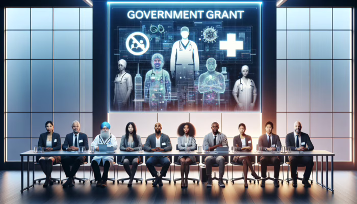 Diverse UK healthcare entrepreneurs pitching innovative medical solutions to investors in a modern conference room with government grant logos.