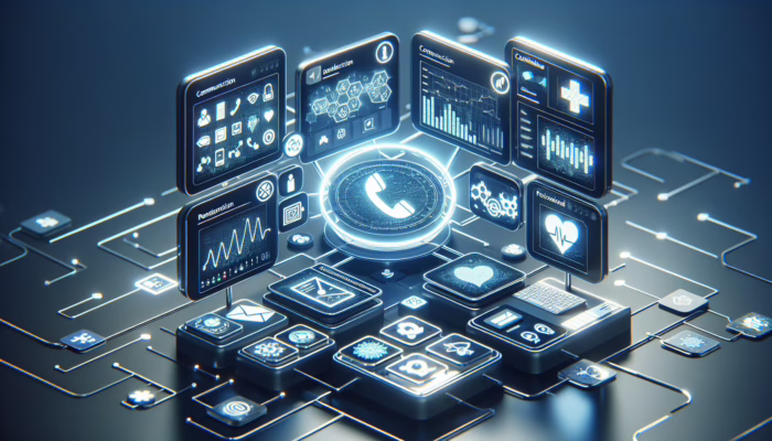 A modern digital hub with communication icons and patient data for personalized healthcare.