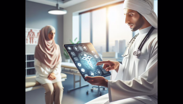 A healthcare provider using a tablet for real-time patient communication in a modern medical office.