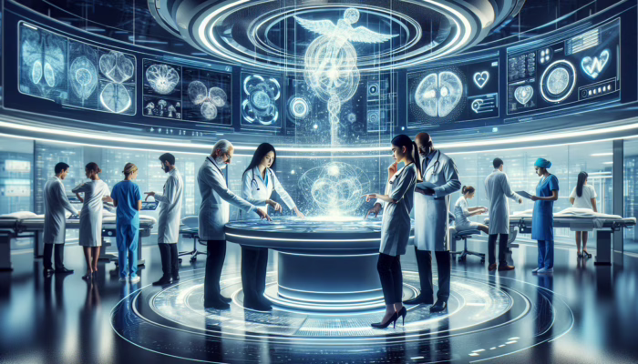 Healthcare consultants and medical staff collaborating in a modern hospital, using advanced technology to improve performance and patient care.