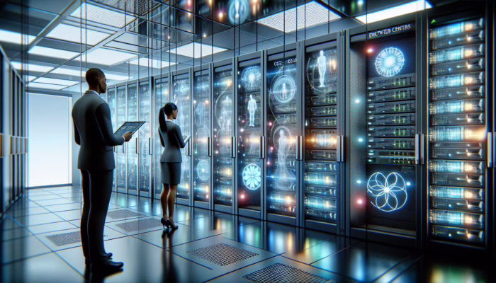 A secure healthcare data center with encrypted servers and biometric access controls protecting patient information.
