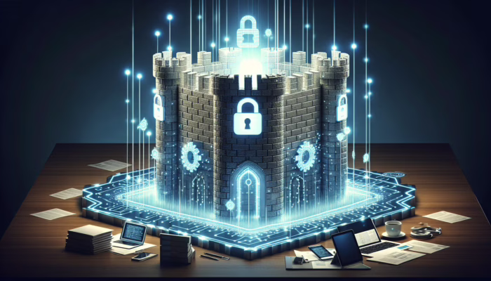 A digital fortress protecting medical records with encryption and firewalls, ensuring patient privacy and data integrity in healthcare.