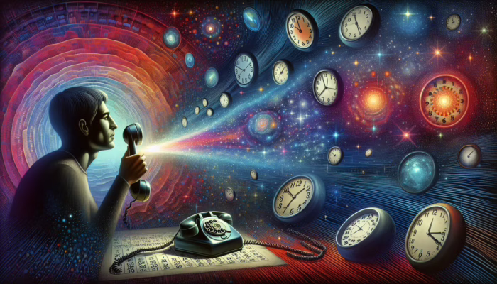 A person dialing a phone amidst floating clocks and calendars, with a glowing path on a vibrant background.