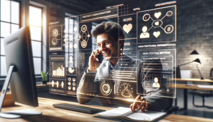 A person using a CRM on a computer, smiling on a phone call in a cozy office.