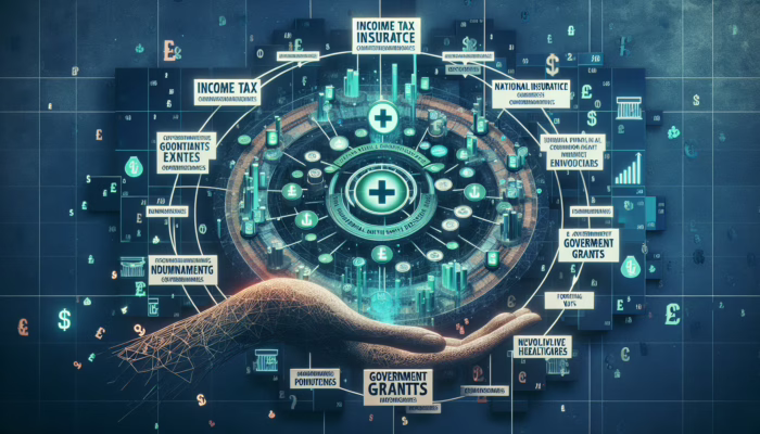 Streams of income tax, national insurance, and VAT funding the NHS, enhanced by government grants for innovation.