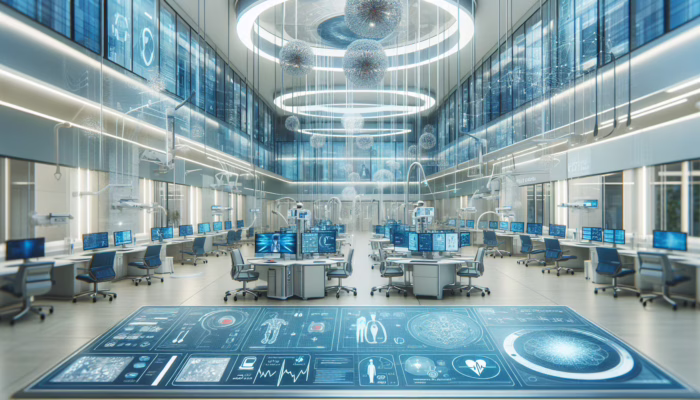 A modern hospital with advanced technology, funded by private investment, providing telemedicine to underserved areas.