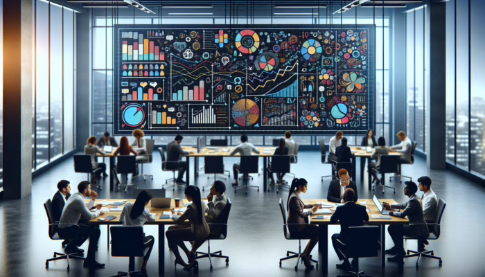 Diverse team analyzing customer feedback charts on screens for product innovation in a bustling office.