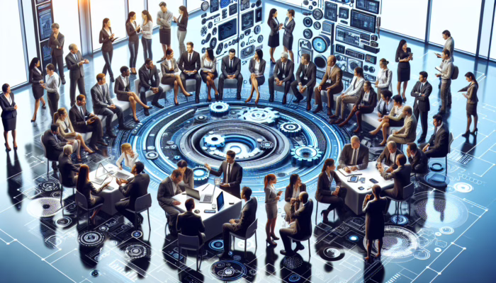 A diverse group giving feedback on a futuristic product, analysts using insights to innovate in a tech-savvy environment.