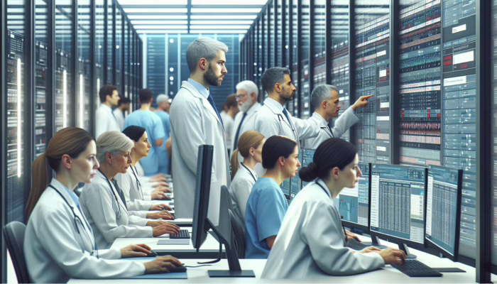 Professionals reviewing medical records on computers in a modern healthcare facility, identifying coding errors and inconsistencies across departments.