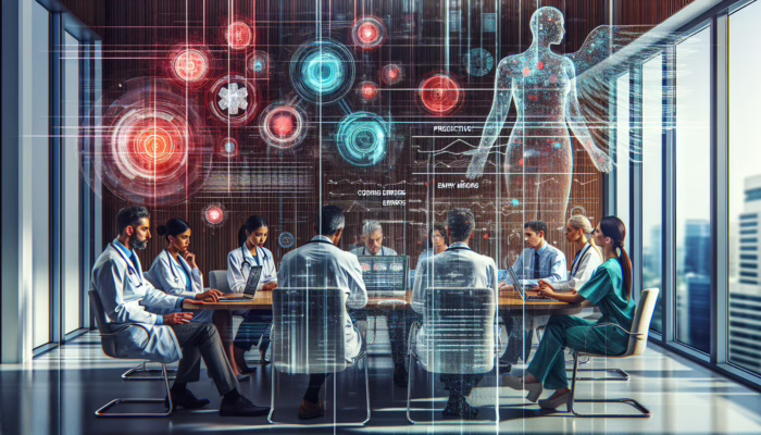 A healthcare team in a modern office analyzing past medical records for coding errors and documentation improvements.