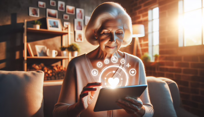 Elderly woman booking a doctor's appointment on a tablet in a comforting home setting.