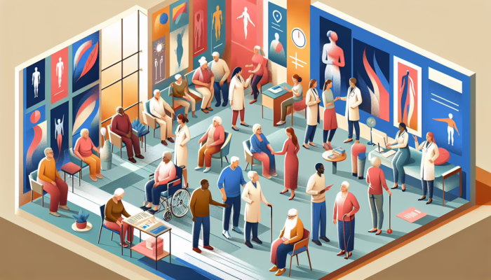 Elderly community at a vibrant health center with caring professionals and colorful informational posters.