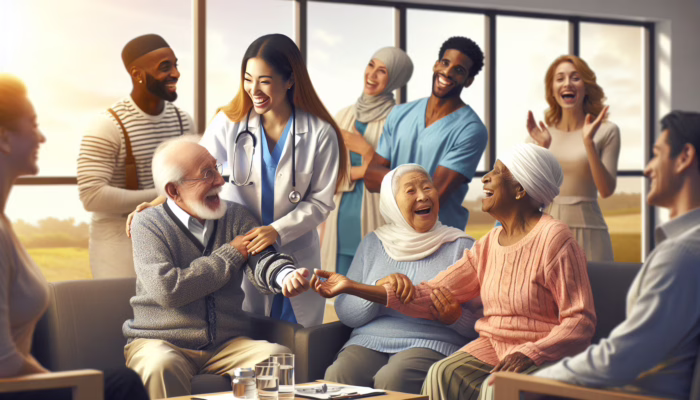 Diverse volunteers assisting seniors with health checks and companionship in a vibrant, supportive community setting.