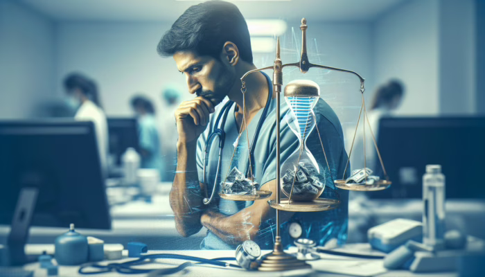 A healthcare worker studying the Working Time Regulations 1998 in a busy hospital setting.