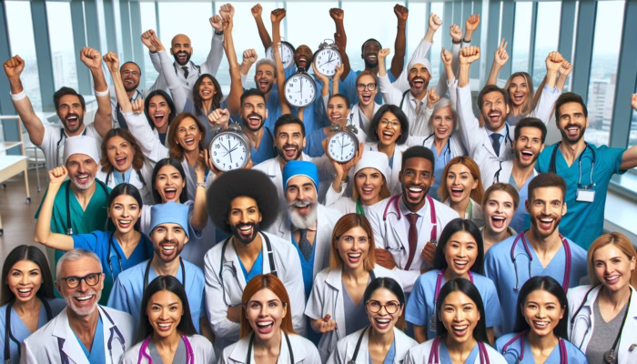 A diverse group of healthcare workers celebrating fair overtime compensation in a modern, colorful hospital setting.