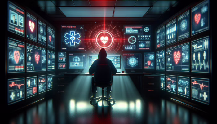 A hacker in a dark room with screens displaying medical records and a red alert flashing on the wall, symbolising a healthcare data breach.
