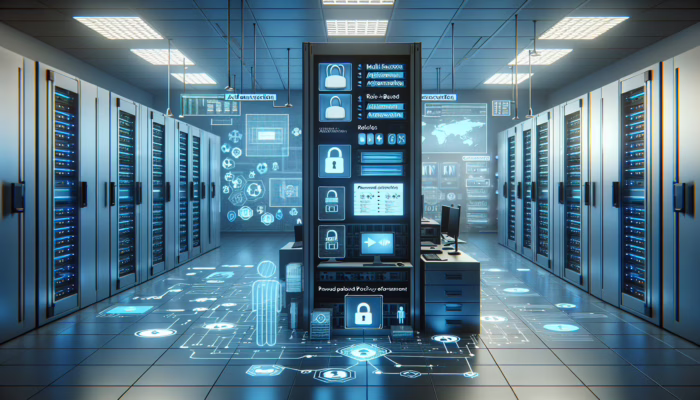 A secure server room demonstrating multi-factor authentication, role-based access controls, and screens enforcing password policy.