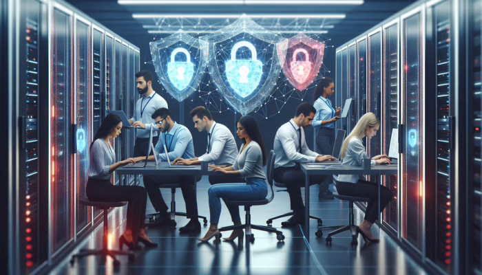 A healthcare IT team updating and securing a computer network in a modern server room.