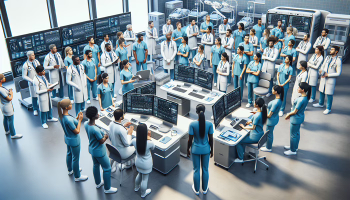 Diverse NHS healthcare workers in a modern training facility engaged in professional development sessions.