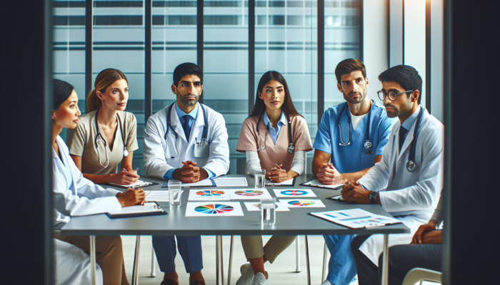 Diverse healthcare professionals listening to patients in a focus group, enhancing staff training.