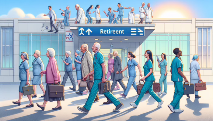Seasoned healthcare professionals retiring from a UK hospital, contrasted with few young trainees entering, showing workforce age imbalance.