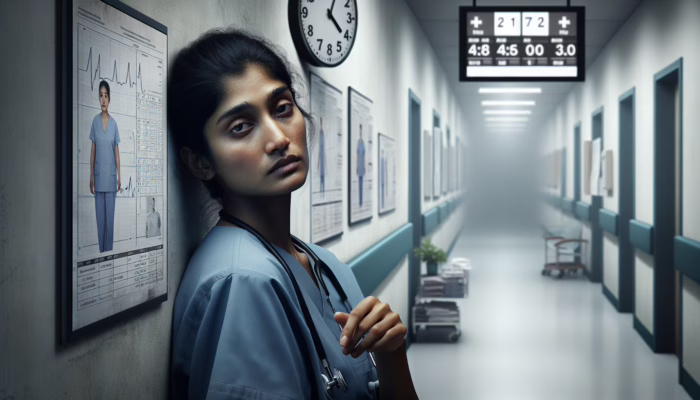 A weary healthcare worker slumped in a dimly lit hospital corridor, surrounded by charts and a late-night clock, symbolizing burnout and low morale.