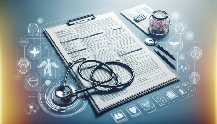 A well-organized medical document on a desk with headings, subheadings, and bullet points, alongside a stethoscope and charts.