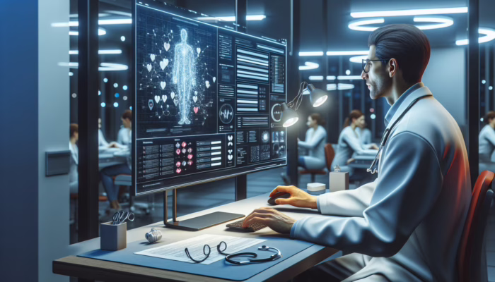 A healthcare professional updating a well-formatted medical document on a computer in a clinical setting.