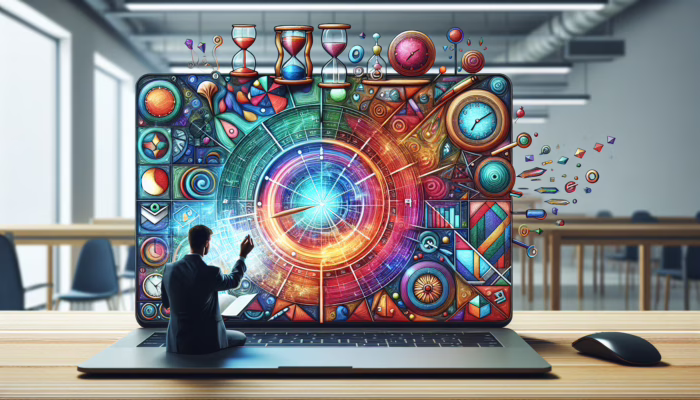 A person managing a colourful digital calendar on a laptop in a modern office, surrounded by time management tools and a clock.