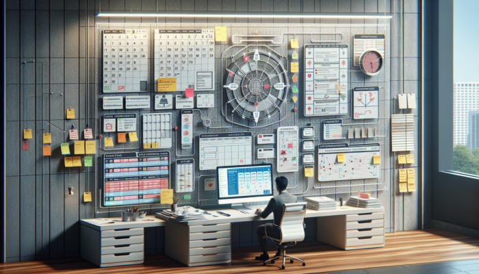A desk with a calendar, to-do list, and Eisenhower Matrix; person adjusting schedule in a modern office.