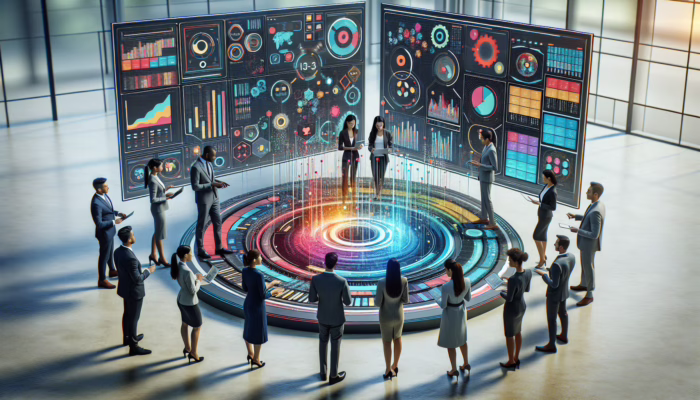 Diverse professionals synchronizing colourful calendars on a large digital screen for enhanced team coordination.