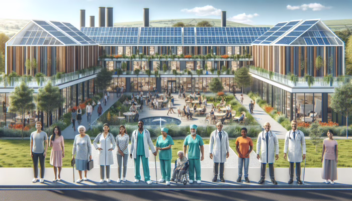 Modern UK healthcare facility with eco-friendly design, solar panels, and green spaces, symbolizing sustainability and community engagement.