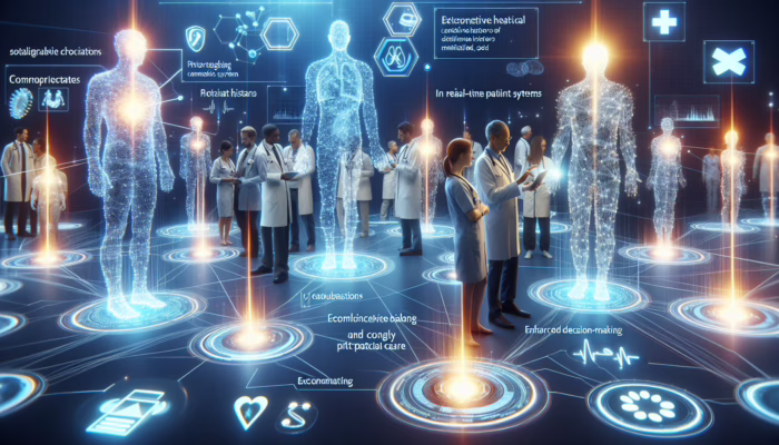 A network of healthcare systems exchanging real-time patient data, doctors reviewing holographic medical histories.