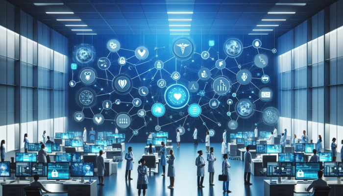 A digital network illustrating healthcare system interoperability with icons of patient care and efficiency.
