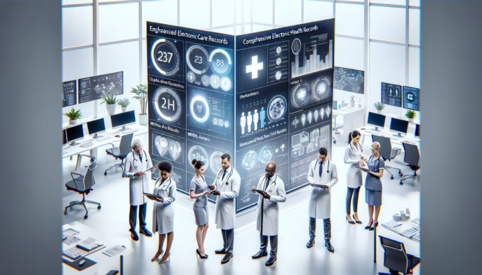 Doctors using digital tablets to access EHRs in a modern NHS clinic, improving care and reducing paperwork.