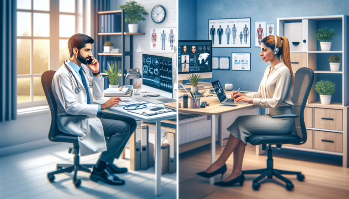 A doctor conducting a telemedicine consultation on a laptop with a patient at home, alongside an office worker managing tasks remotely.