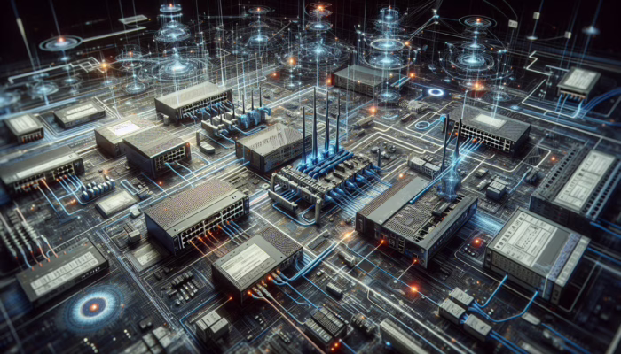 Network infrastructure with routers, switches, and data packets flowing through pathways, using Ethernet and IP protocols.