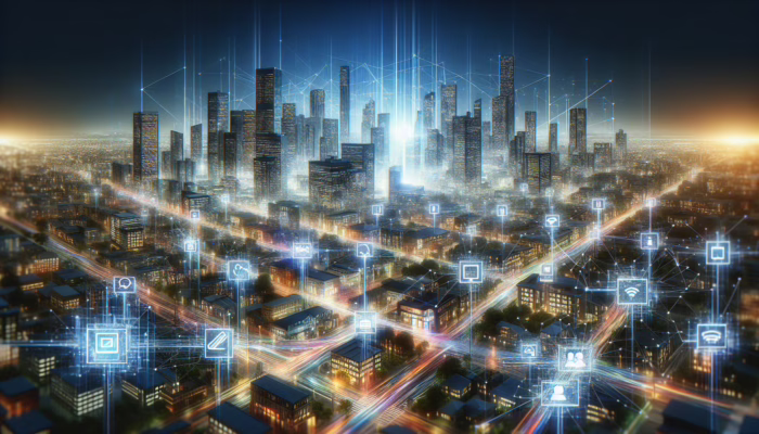 A vibrant digital network illuminating a cityscape with high-speed internet, enabling streaming, video conferencing, and e-commerce.