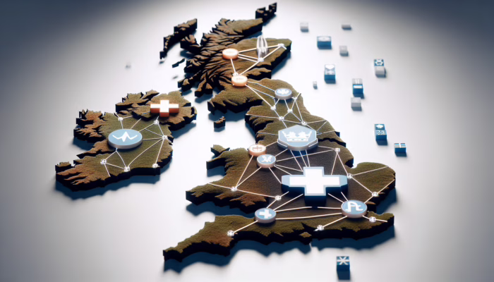 A map of the UK showing four regions with unique healthcare symbols, interconnected for universal access.